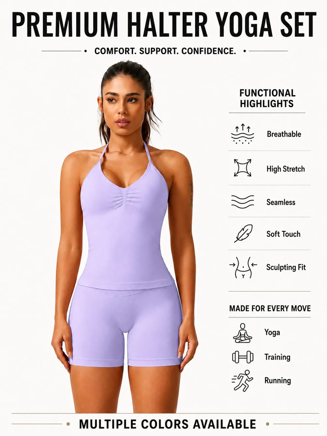 Women'S Solid Ruched Design Backless Halter Top & High Waist Shorts Tracksuit Set, Sporty Breathable Comfortable Two-Piece Outfits for Yoga Gym Workout Running