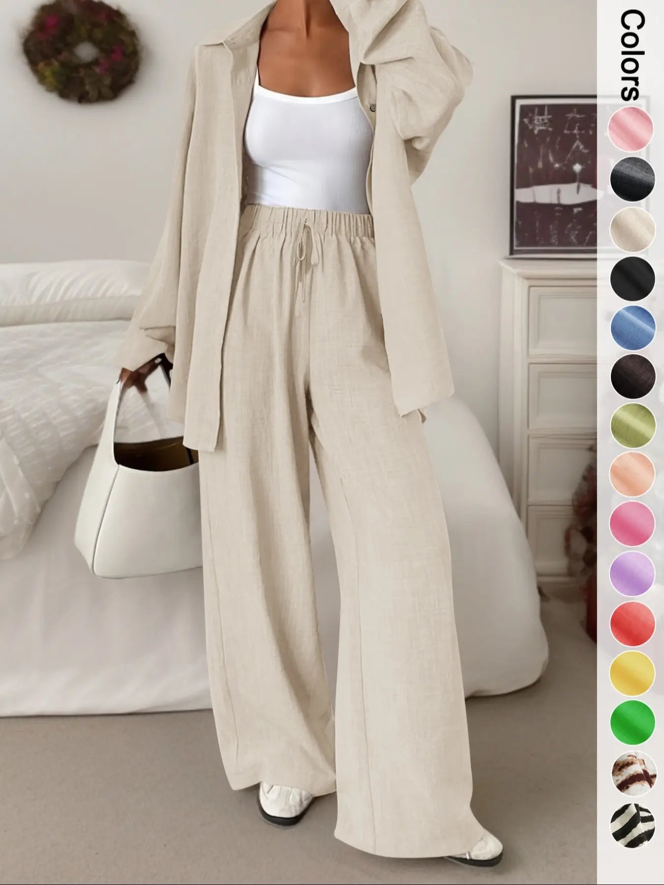 Women'S Casual Sporty Shirt and Long Pants Set, Loose Button-Up Top and Wide-Leg Pants Two-Piece Set, Comfortable and Stylish