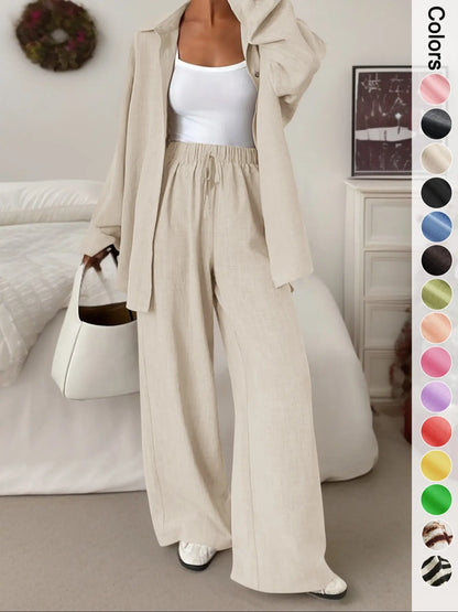 Women'S Casual Sporty Shirt and Long Pants Set, Loose Button-Up Top and Wide-Leg Pants Two-Piece Set, Comfortable and Stylish