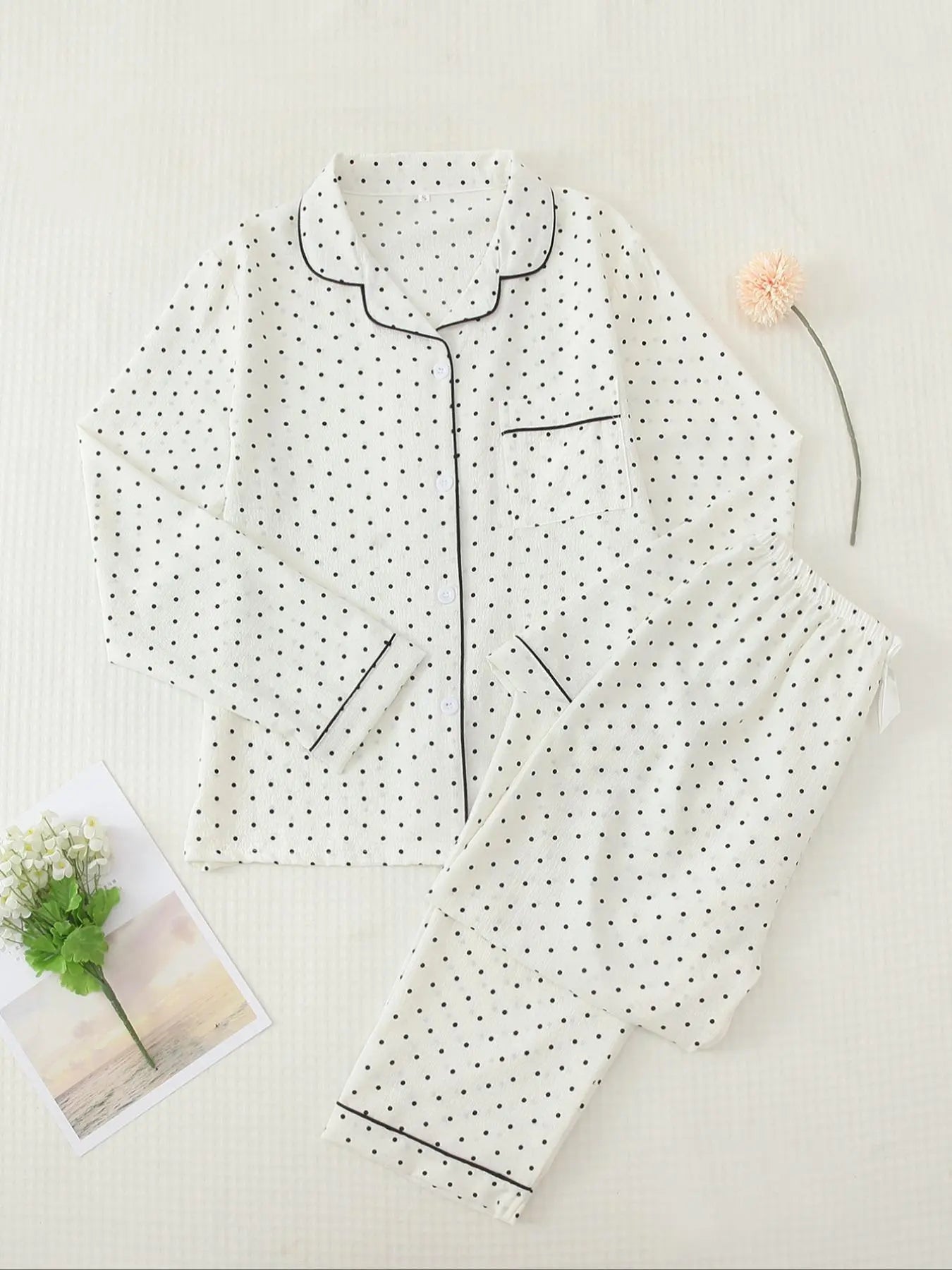 Women'S Button Front Blouse & Bow Front Contrast Binding Pants Pyjama Set, Casual Long Sleeve Lapel Top & Trousers, Summer Outfits 2024, Sleepwear for Spring & Fall, National Day Offers