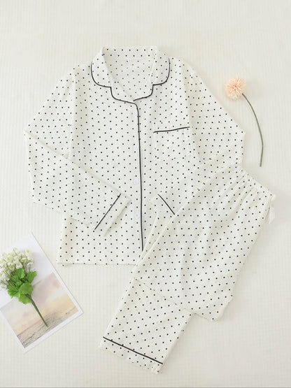 Women'S Button Front Blouse & Bow Front Contrast Binding Pants Pyjama Set, Casual Long Sleeve Lapel Top & Trousers, Summer Outfits 2024, Sleepwear for Spring & Fall, National Day Offers