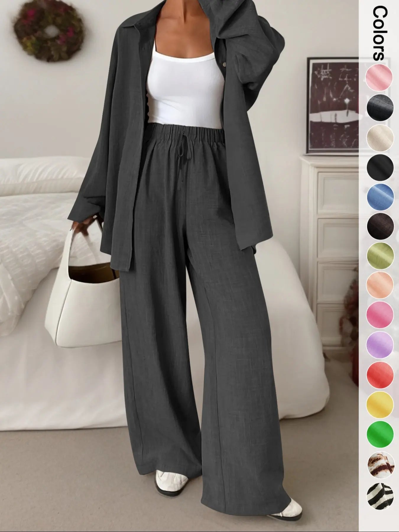 Women'S Casual Sporty Shirt and Long Pants Set, Loose Button-Up Top and Wide-Leg Pants Two-Piece Set, Comfortable and Stylish