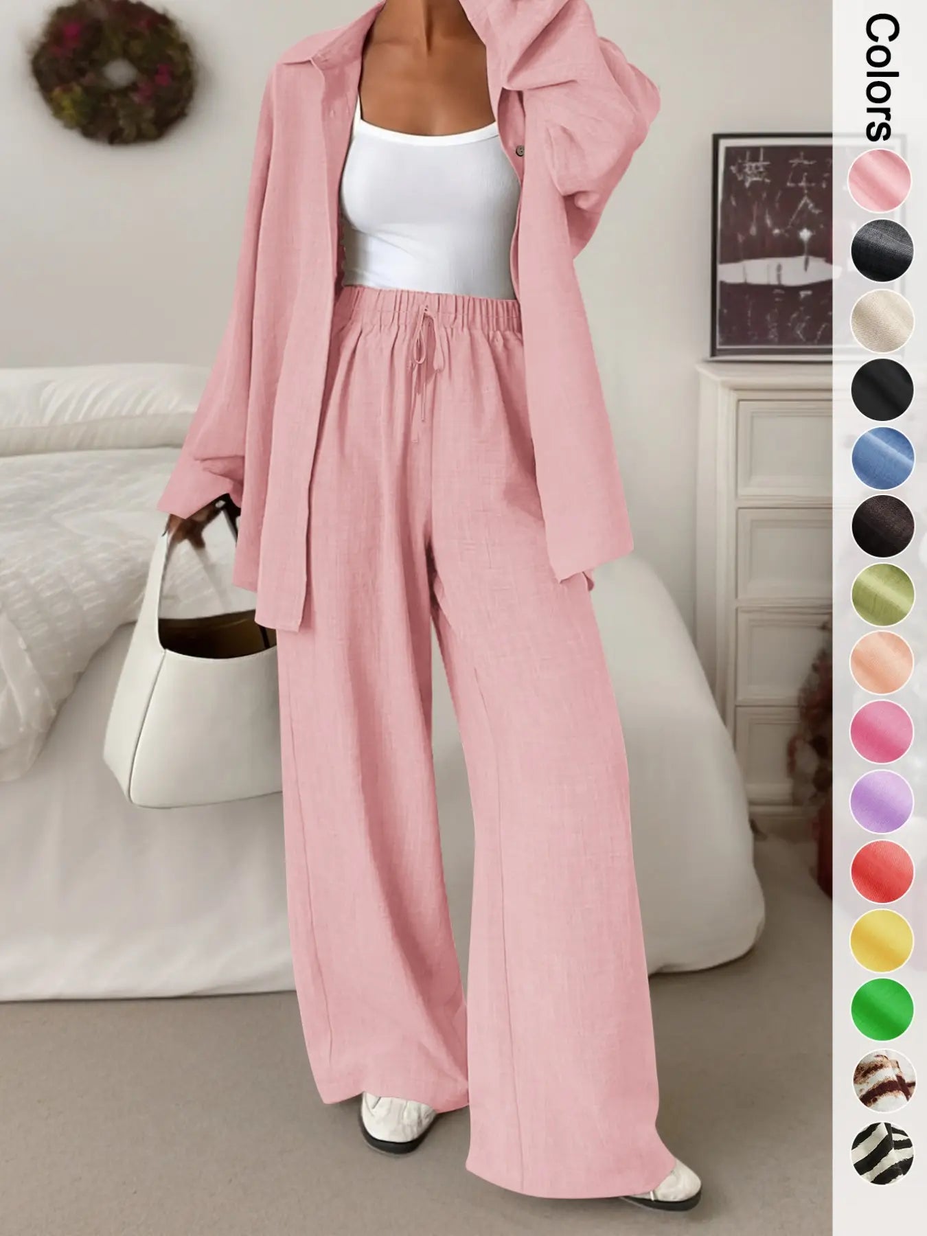 Women'S Casual Sporty Shirt and Long Pants Set, Loose Button-Up Top and Wide-Leg Pants Two-Piece Set, Comfortable and Stylish