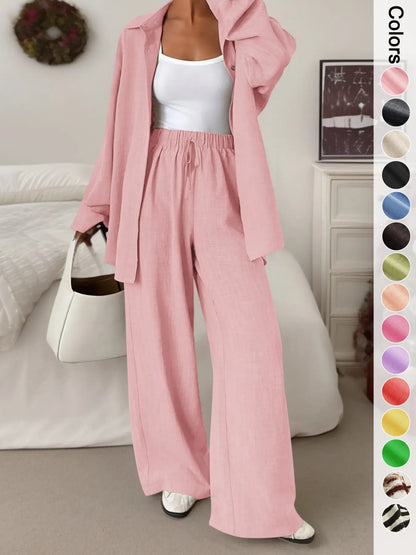 Women'S Casual Sporty Shirt and Long Pants Set, Loose Button-Up Top and Wide-Leg Pants Two-Piece Set, Comfortable and Stylish