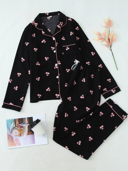 Women'S Button Front Blouse & Bow Front Contrast Binding Pants Pyjama Set, Casual Long Sleeve Lapel Top & Trousers, Summer Outfits 2024, Sleepwear for Spring & Fall, National Day Offers