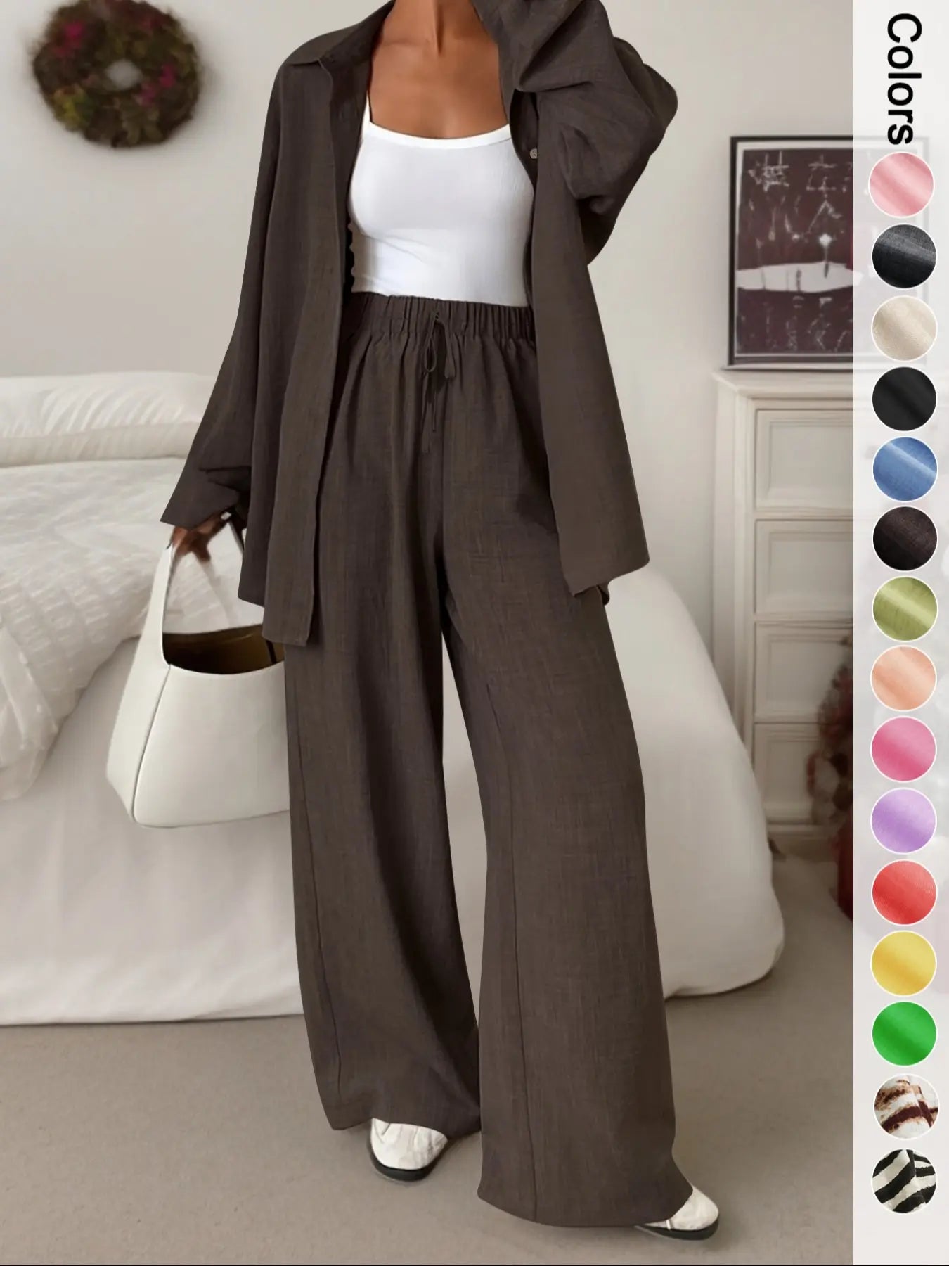 Women'S Casual Sporty Shirt and Long Pants Set, Loose Button-Up Top and Wide-Leg Pants Two-Piece Set, Comfortable and Stylish
