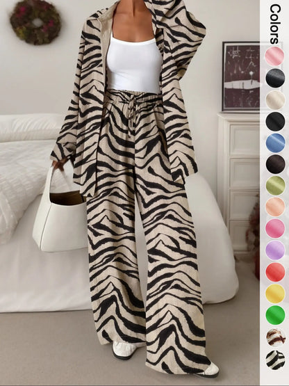 Women'S Casual Sporty Shirt and Long Pants Set, Loose Button-Up Top and Wide-Leg Pants Two-Piece Set, Comfortable and Stylish
