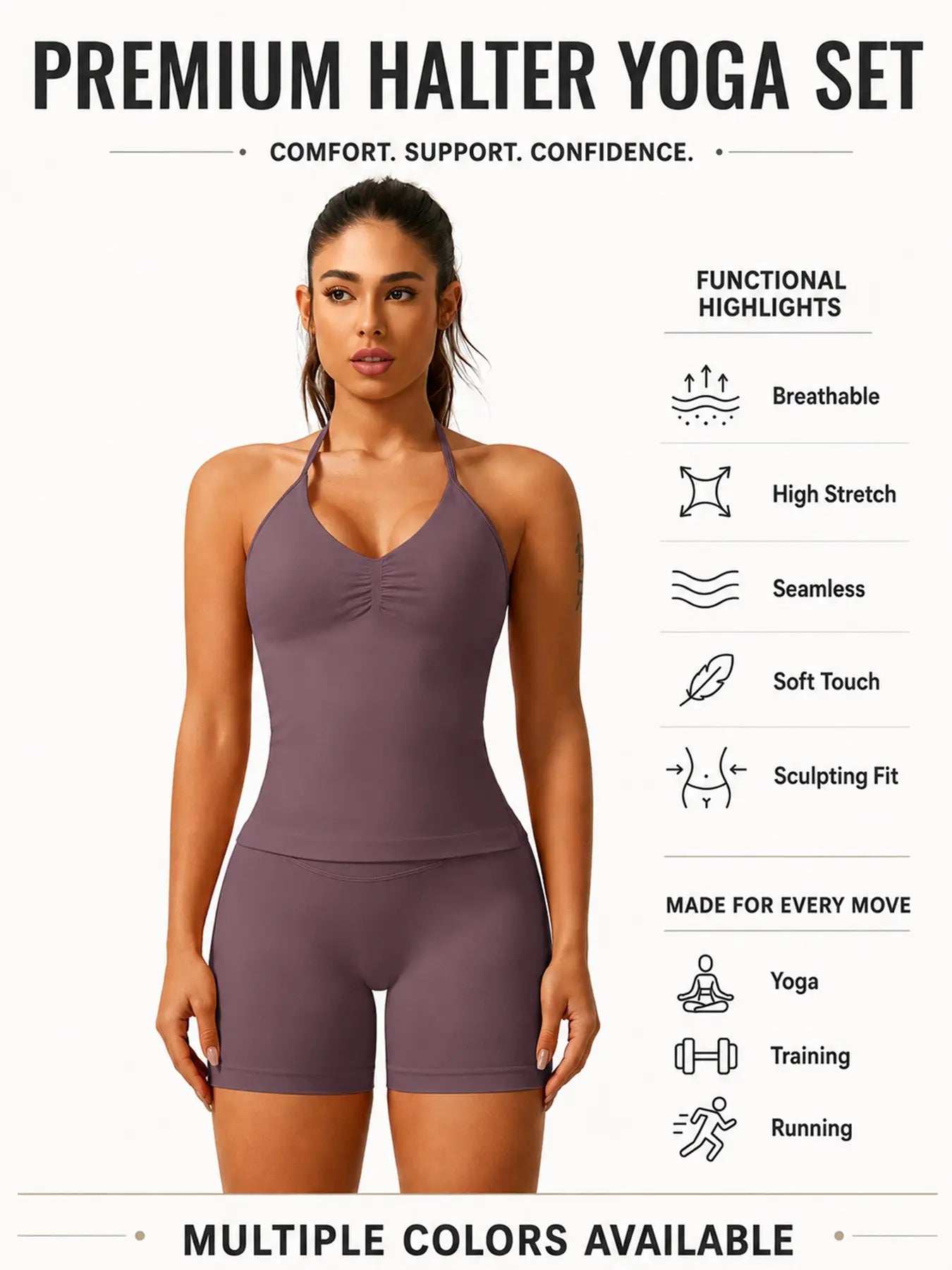 Women'S Solid Ruched Design Backless Halter Top & High Waist Shorts Tracksuit Set, Sporty Breathable Comfortable Two-Piece Outfits for Yoga Gym Workout Running