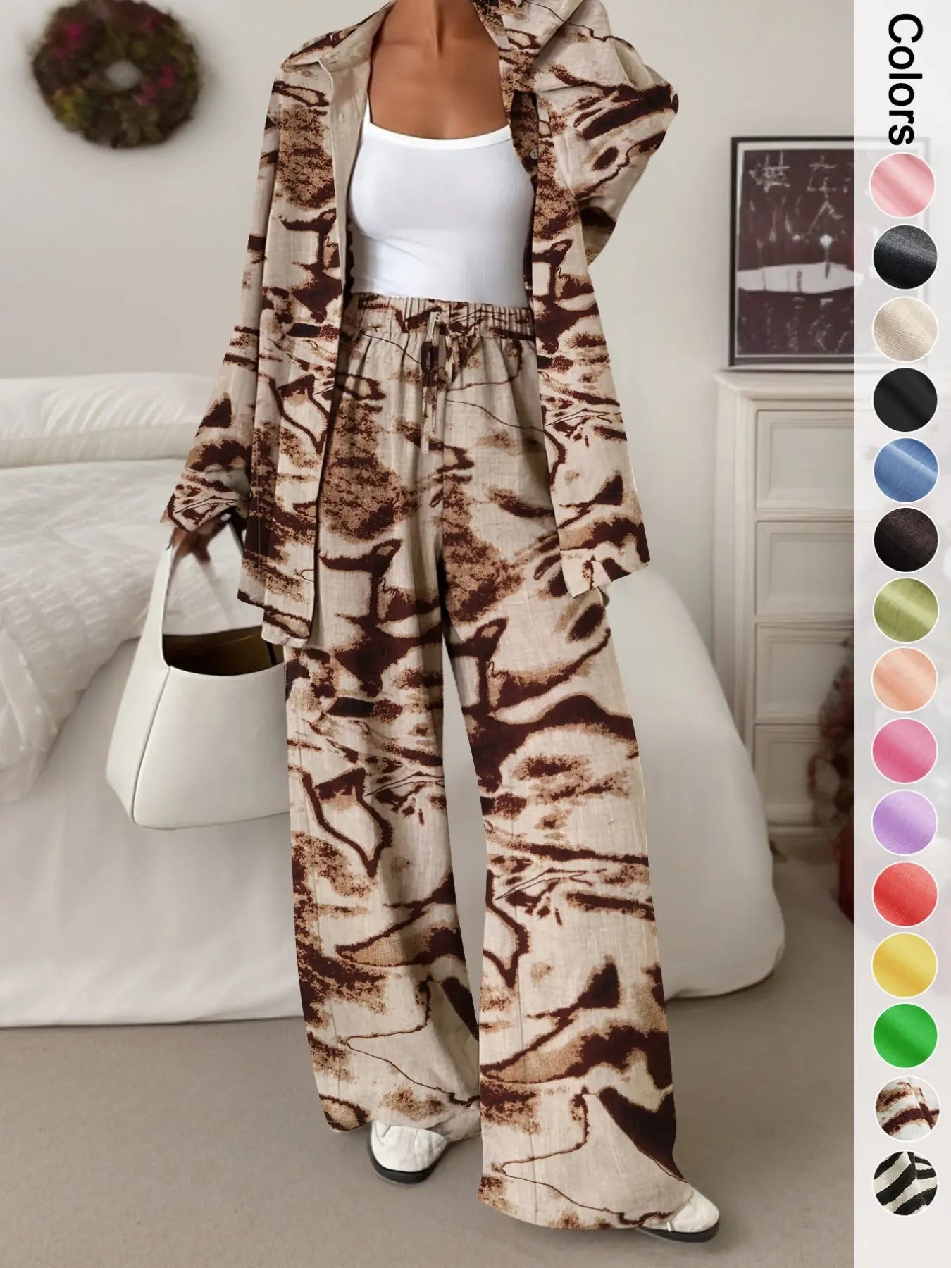 Women'S Casual Sporty Shirt and Long Pants Set, Loose Button-Up Top and Wide-Leg Pants Two-Piece Set, Comfortable and Stylish
