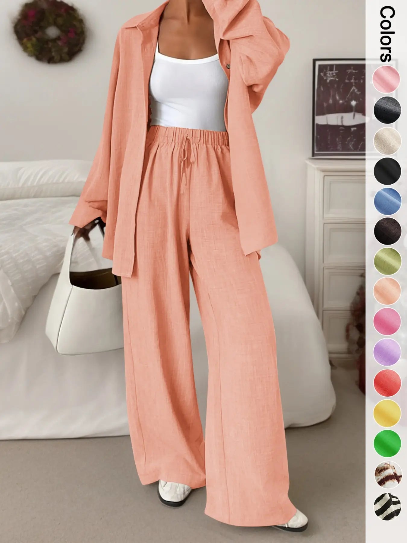 Women'S Casual Sporty Shirt and Long Pants Set, Loose Button-Up Top and Wide-Leg Pants Two-Piece Set, Comfortable and Stylish