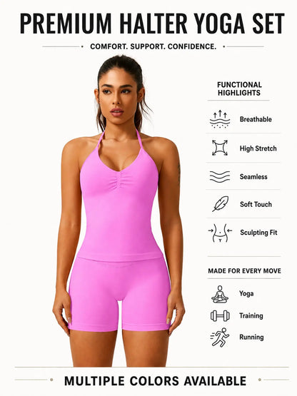 Women'S Solid Ruched Design Backless Halter Top & High Waist Shorts Tracksuit Set, Sporty Breathable Comfortable Two-Piece Outfits for Yoga Gym Workout Running