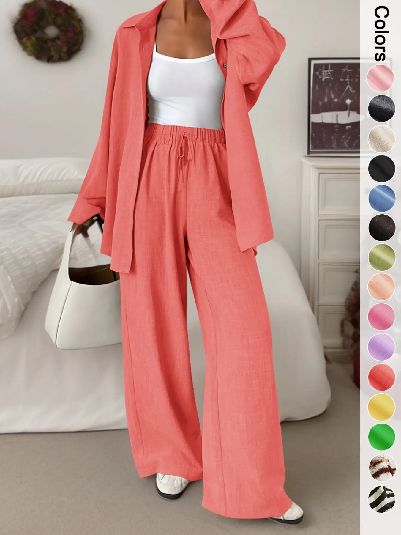 Women'S Casual Sporty Shirt and Long Pants Set, Loose Button-Up Top and Wide-Leg Pants Two-Piece Set, Comfortable and Stylish