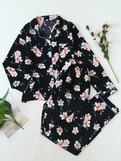 Women'S Button Front Blouse & Bow Front Contrast Binding Pants Pyjama Set, Casual Long Sleeve Lapel Top & Trousers, Summer Outfits 2024, Sleepwear for Spring & Fall, National Day Offers
