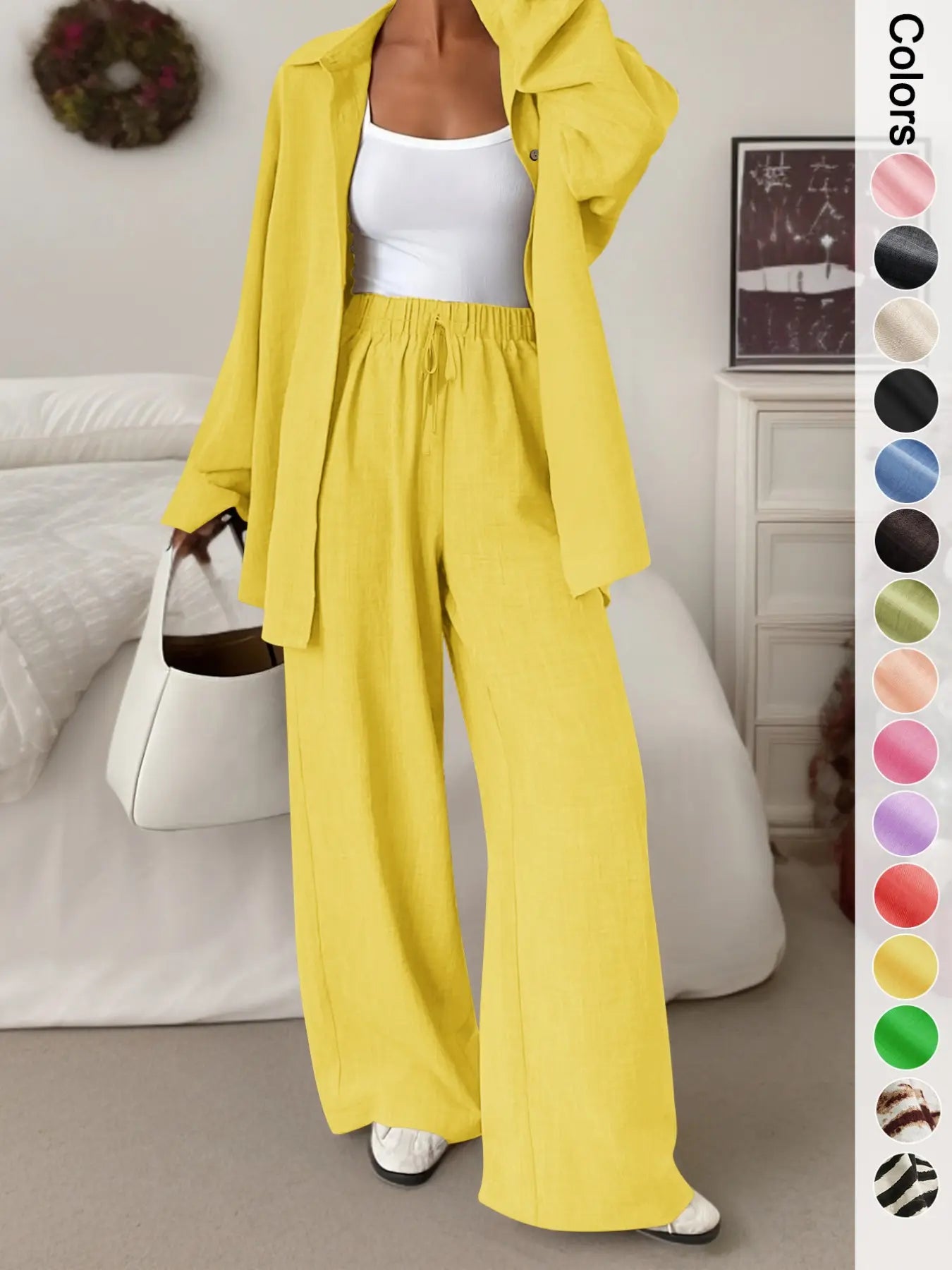 Women'S Casual Sporty Shirt and Long Pants Set, Loose Button-Up Top and Wide-Leg Pants Two-Piece Set, Comfortable and Stylish