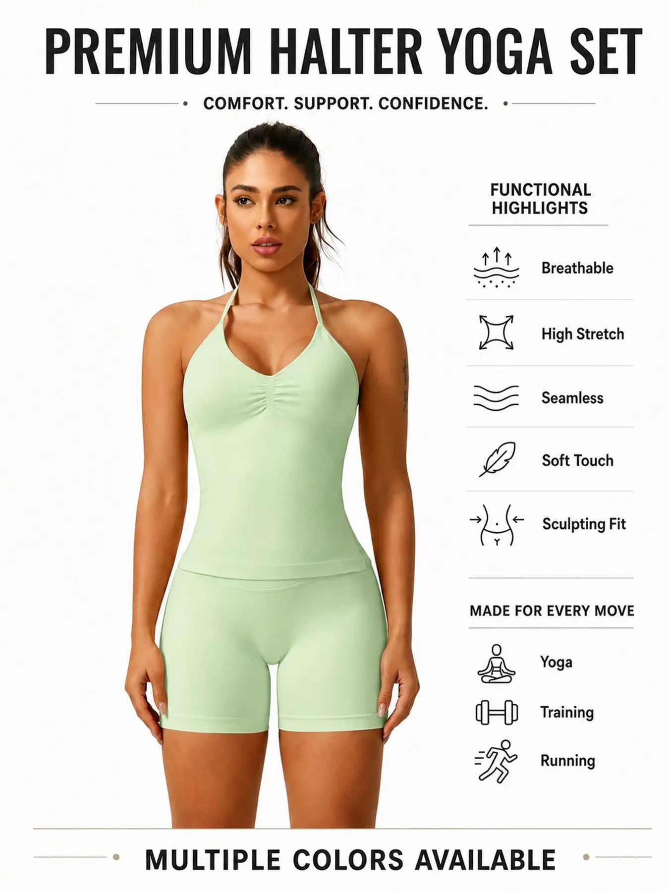 Women'S Solid Ruched Design Backless Halter Top & High Waist Shorts Tracksuit Set, Sporty Breathable Comfortable Two-Piece Outfits for Yoga Gym Workout Running