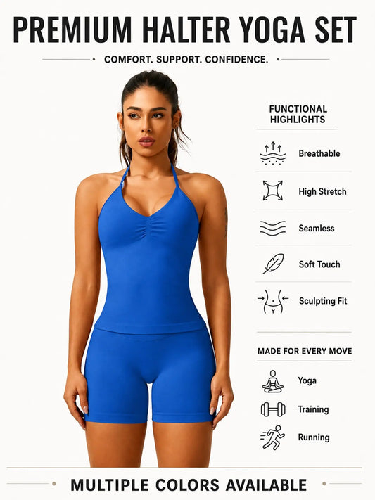 Women'S Solid Ruched Design Backless Halter Top & High Waist Shorts Tracksuit Set, Sporty Breathable Comfortable Two-Piece Outfits for Yoga Gym Workout Running