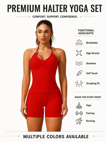 Women'S Solid Ruched Design Backless Halter Top & High Waist Shorts Tracksuit Set, Sporty Breathable Comfortable Two-Piece Outfits for Yoga Gym Workout Running