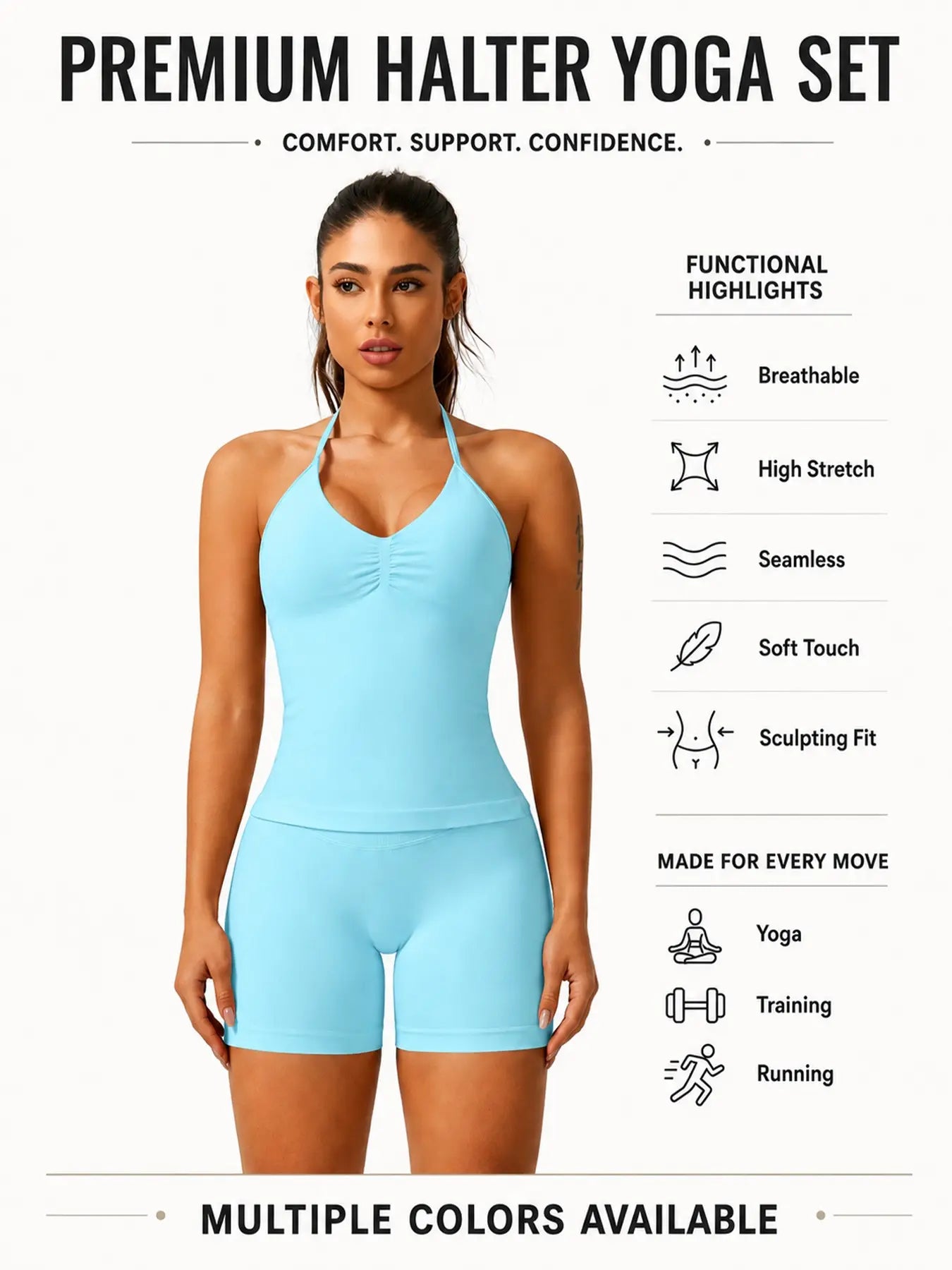 Women'S Solid Ruched Design Backless Halter Top & High Waist Shorts Tracksuit Set, Sporty Breathable Comfortable Two-Piece Outfits for Yoga Gym Workout Running