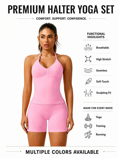 Women'S Solid Ruched Design Backless Halter Top & High Waist Shorts Tracksuit Set, Sporty Breathable Comfortable Two-Piece Outfits for Yoga Gym Workout Running
