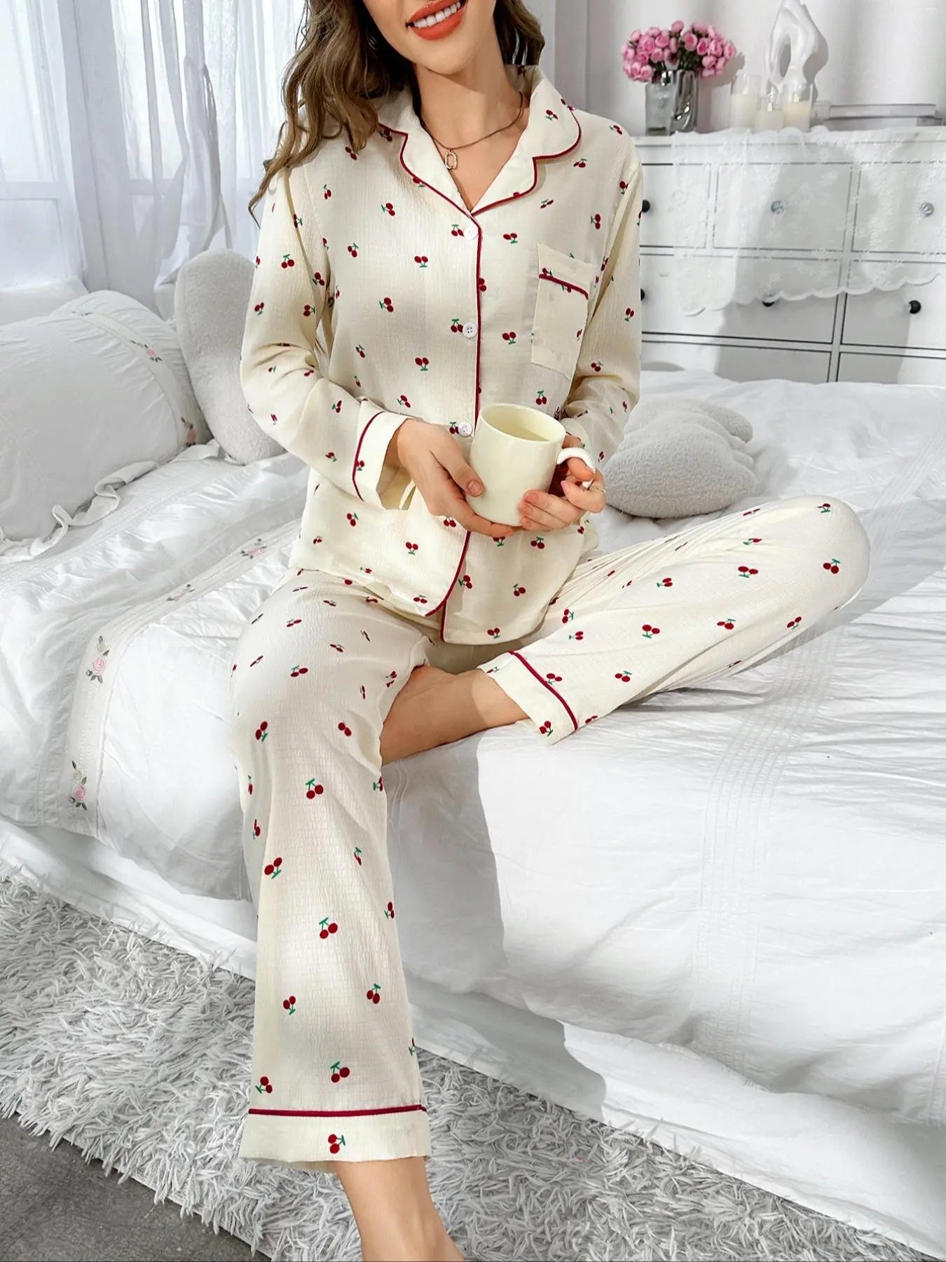 Women'S Button Front Blouse & Bow Front Contrast Binding Pants Pyjama Set, Casual Long Sleeve Lapel Top & Trousers, Summer Outfits 2024, Sleepwear for Spring & Fall, National Day Offers