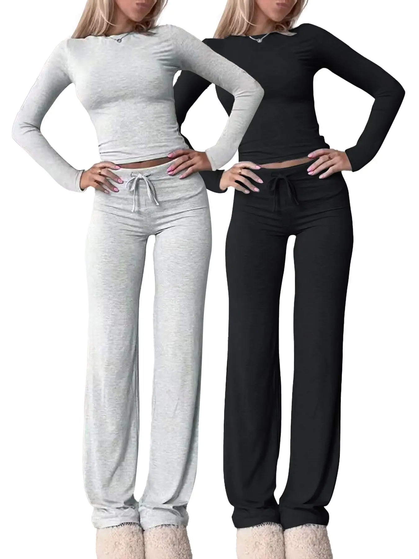 Women'S Solid-Color Long-Sleeve Soft Knit Fabric Crop Tee & High-Waisted Drawstring Pants Two-Piece Set, Casual Slim-Fit Everyday Outfit for Fall and Winter