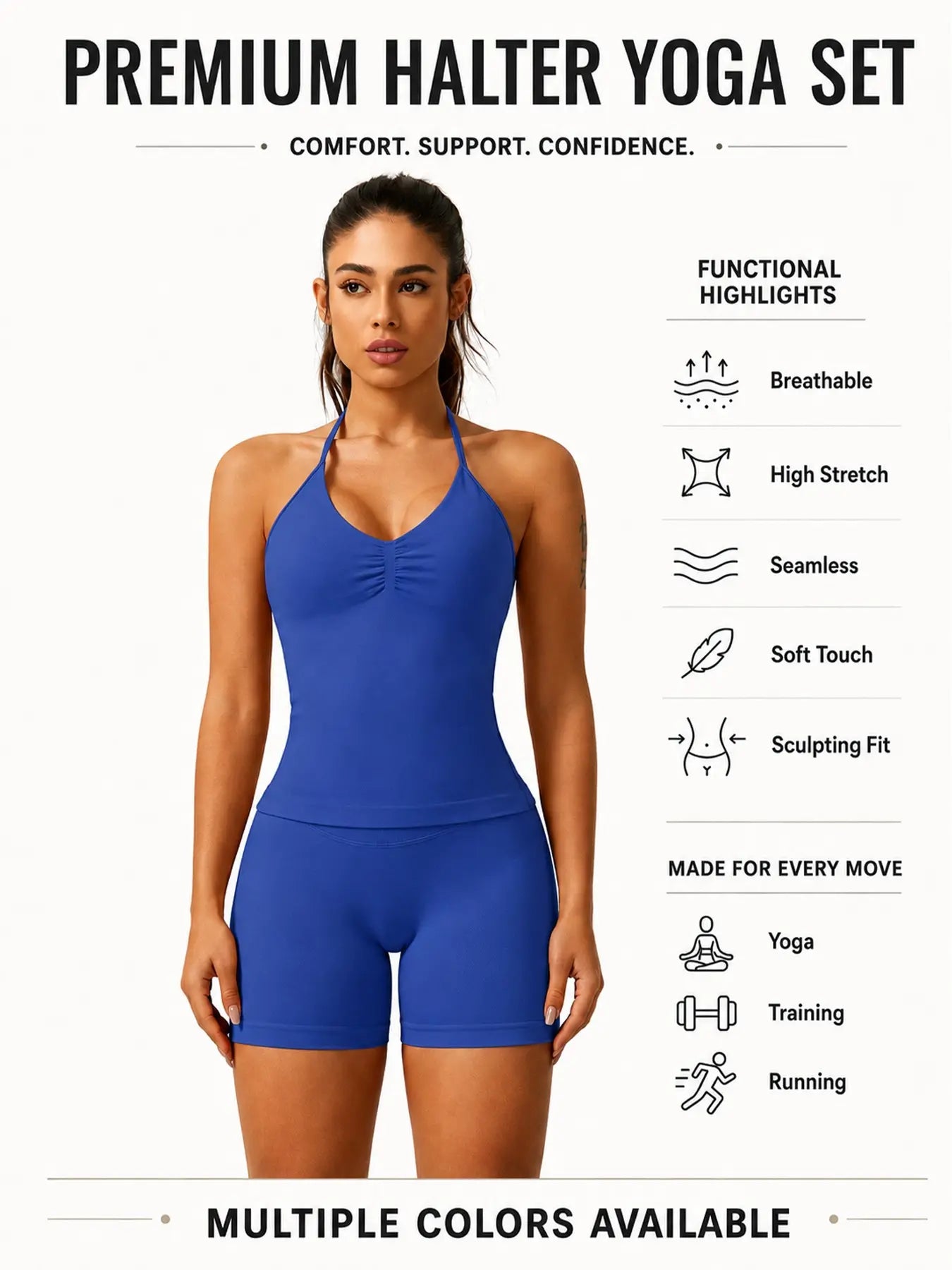 Women'S Solid Ruched Design Backless Halter Top & High Waist Shorts Tracksuit Set, Sporty Breathable Comfortable Two-Piece Outfits for Yoga Gym Workout Running
