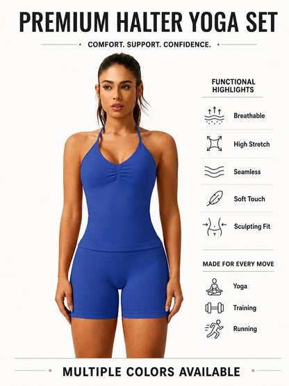 Women'S Solid Ruched Design Backless Halter Top & High Waist Shorts Tracksuit Set, Sporty Breathable Comfortable Two-Piece Outfits for Yoga Gym Workout Running
