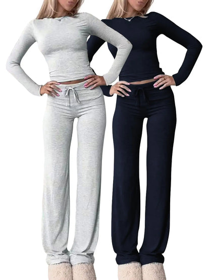 Women'S Solid-Color Long-Sleeve Soft Knit Fabric Crop Tee & High-Waisted Drawstring Pants Two-Piece Set, Casual Slim-Fit Everyday Outfit for Fall and Winter