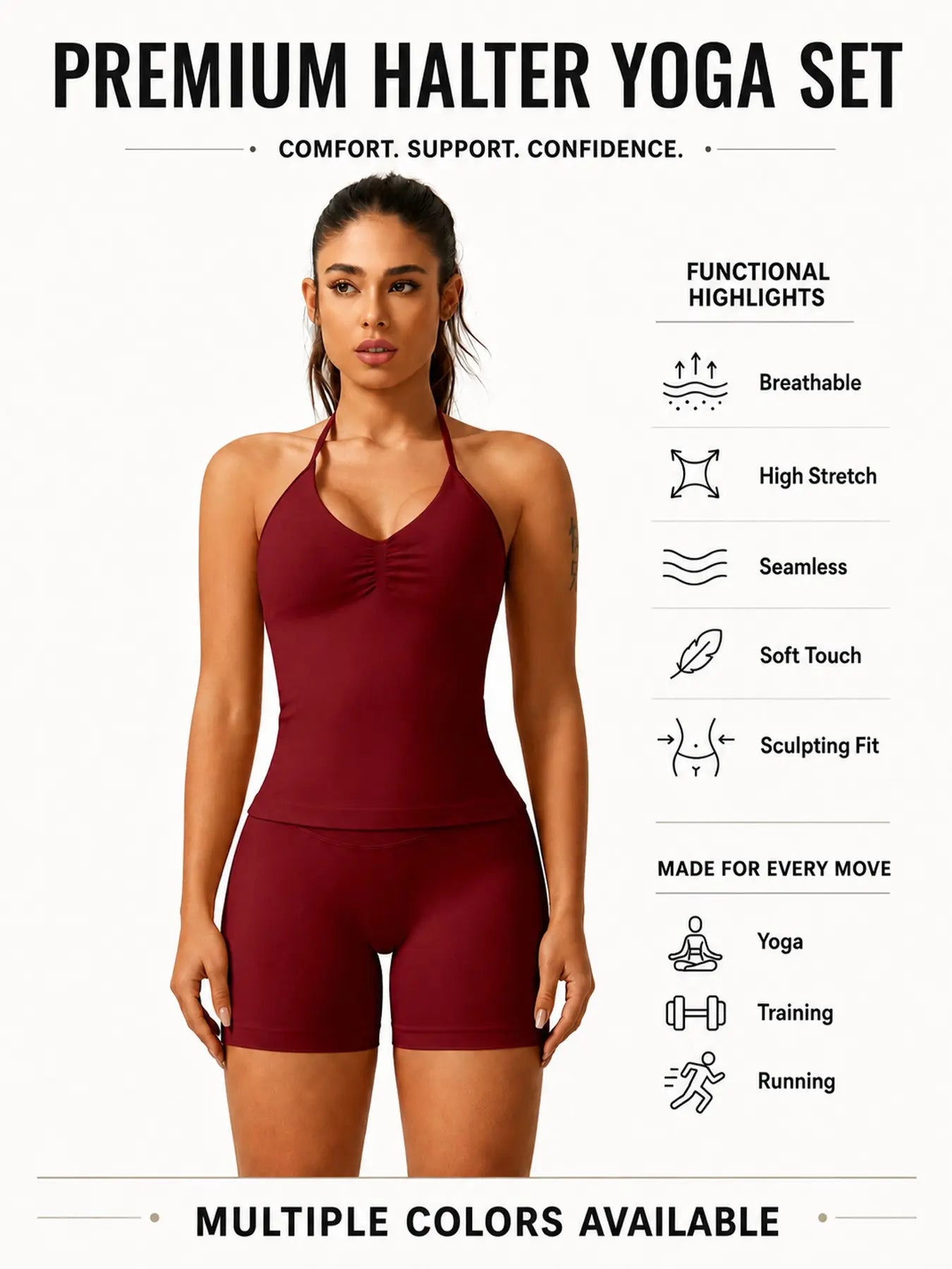 Women'S Solid Ruched Design Backless Halter Top & High Waist Shorts Tracksuit Set, Sporty Breathable Comfortable Two-Piece Outfits for Yoga Gym Workout Running