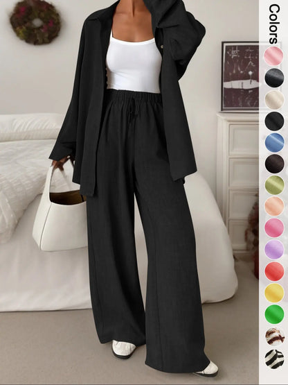 Women'S Casual Sporty Shirt and Long Pants Set, Loose Button-Up Top and Wide-Leg Pants Two-Piece Set, Comfortable and Stylish
