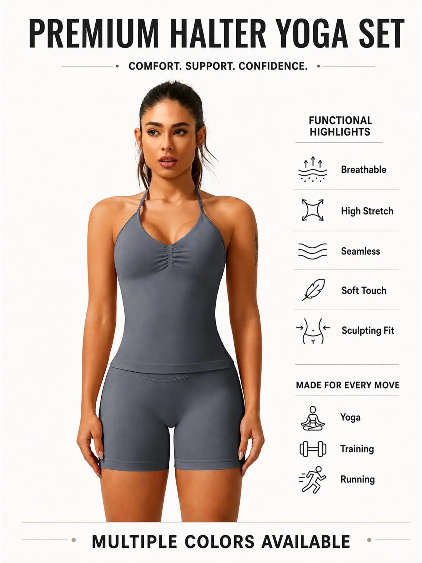 Women'S Solid Ruched Design Backless Halter Top & High Waist Shorts Tracksuit Set, Sporty Breathable Comfortable Two-Piece Outfits for Yoga Gym Workout Running