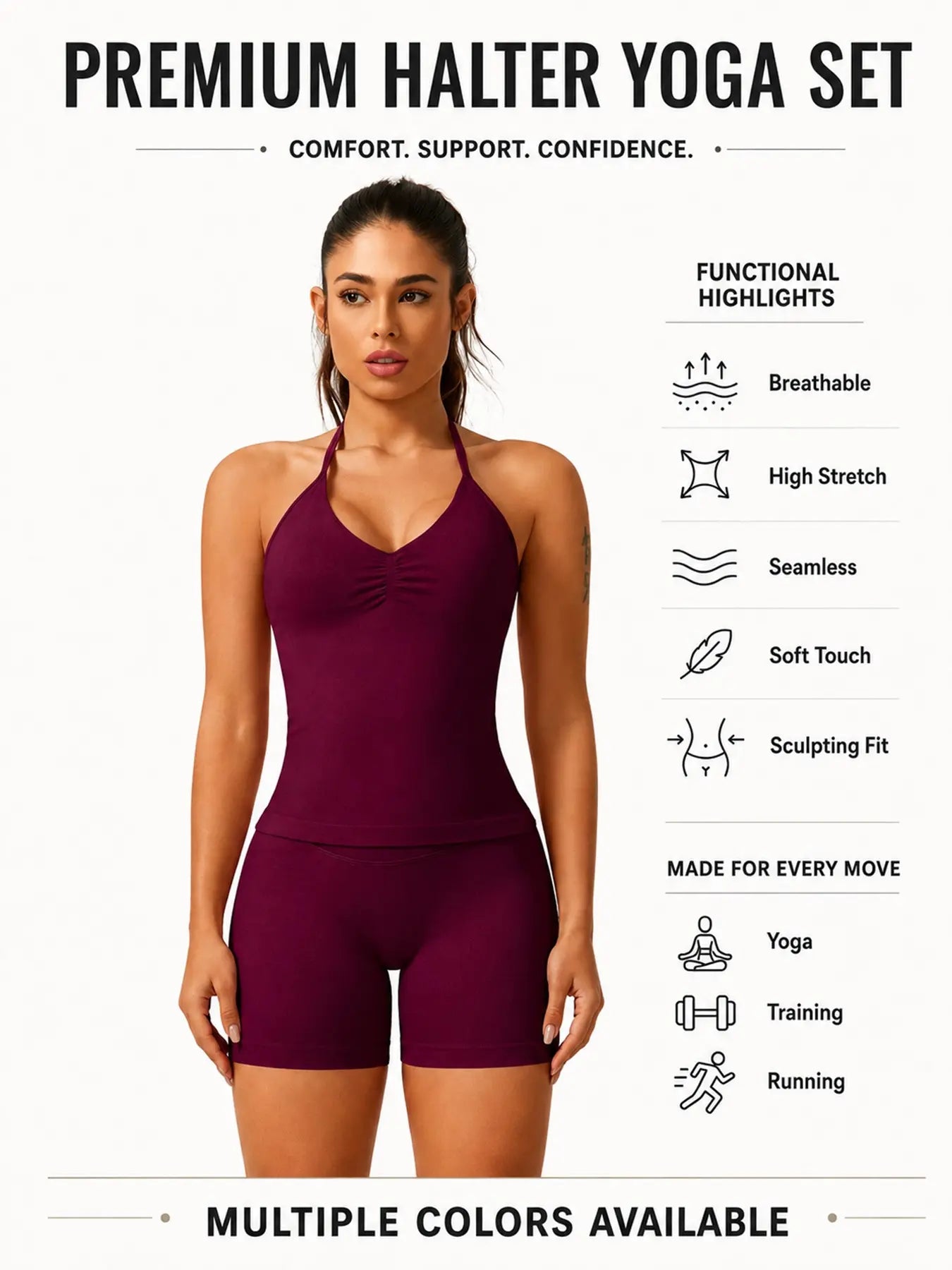 Women'S Solid Ruched Design Backless Halter Top & High Waist Shorts Tracksuit Set, Sporty Breathable Comfortable Two-Piece Outfits for Yoga Gym Workout Running