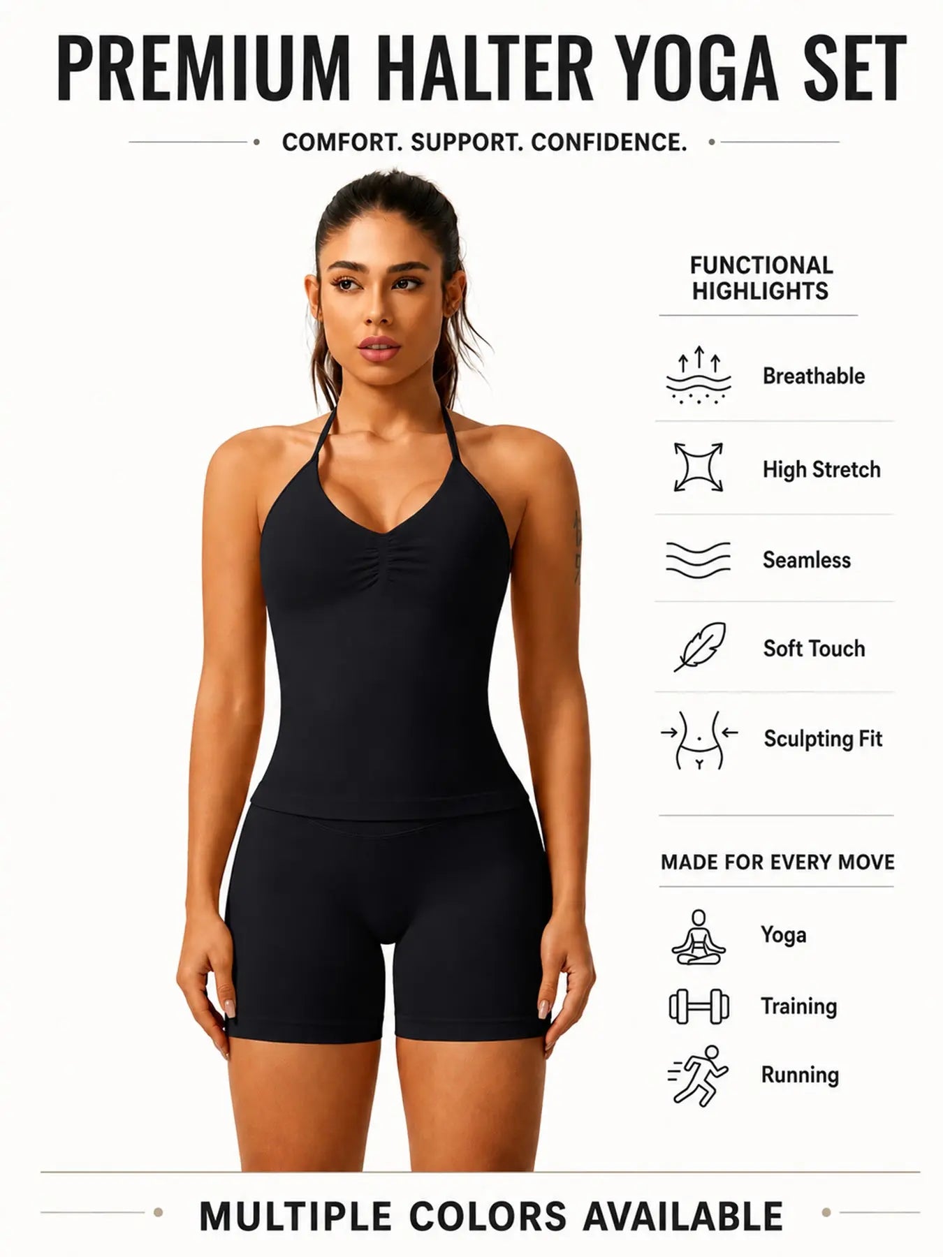 Women'S Solid Ruched Design Backless Halter Top & High Waist Shorts Tracksuit Set, Sporty Breathable Comfortable Two-Piece Outfits for Yoga Gym Workout Running