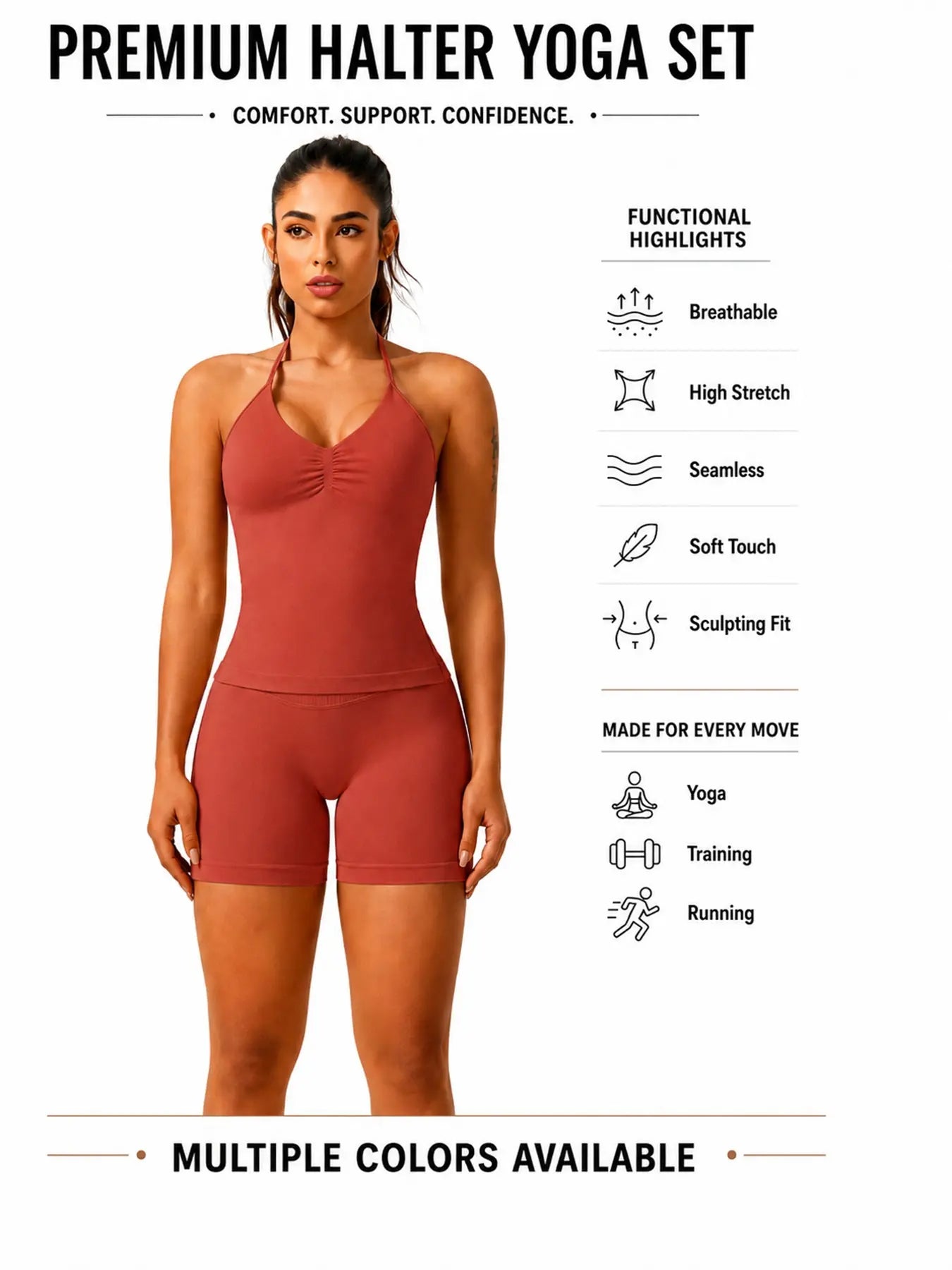 Women'S Solid Ruched Design Backless Halter Top & High Waist Shorts Tracksuit Set, Sporty Breathable Comfortable Two-Piece Outfits for Yoga Gym Workout Running