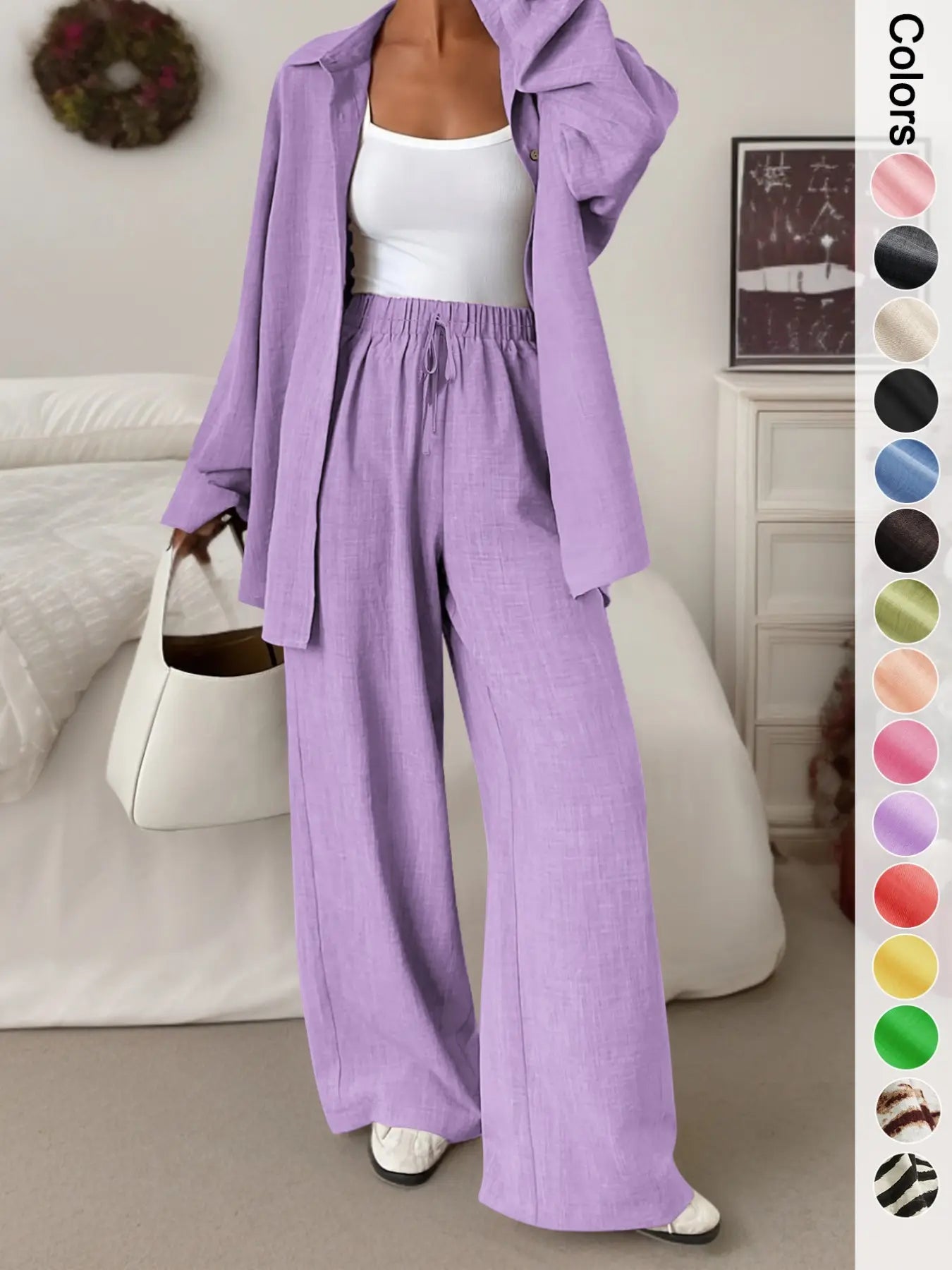 Women'S Casual Sporty Shirt and Long Pants Set, Loose Button-Up Top and Wide-Leg Pants Two-Piece Set, Comfortable and Stylish